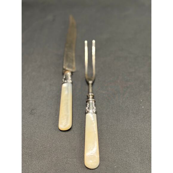 Antique Sterling Silver Carving Knife & Fork Set – Mother of Pearl Handles - Picture 1 of 9
